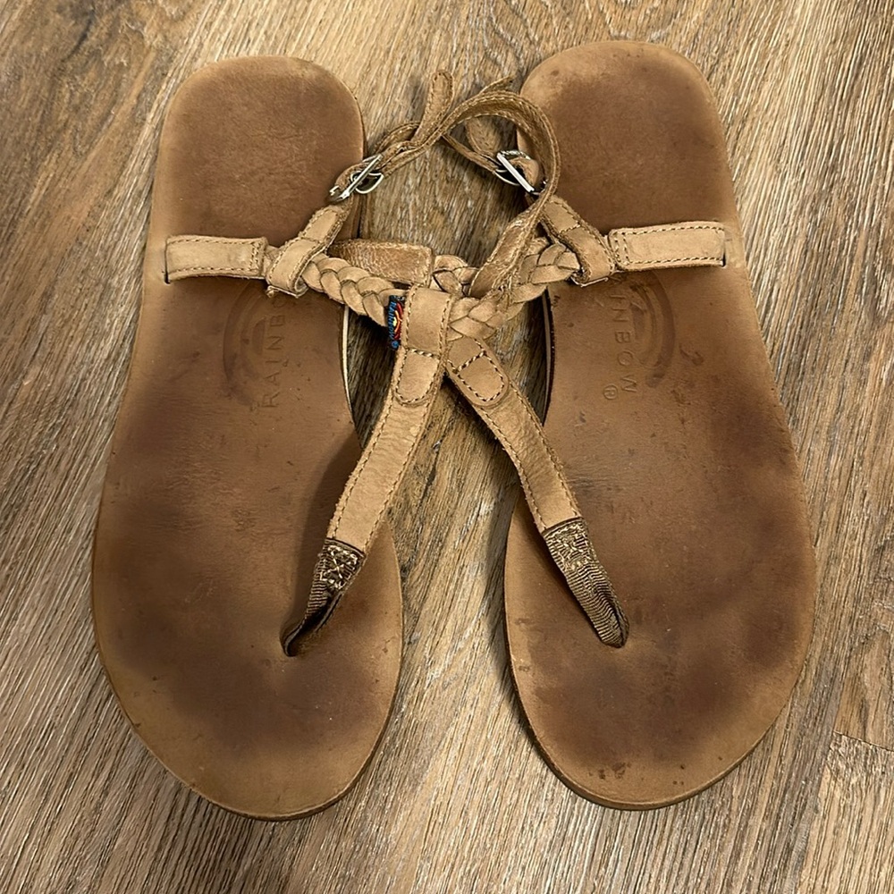 Rainbow Tan Braided Leather T-Strap Sandals
